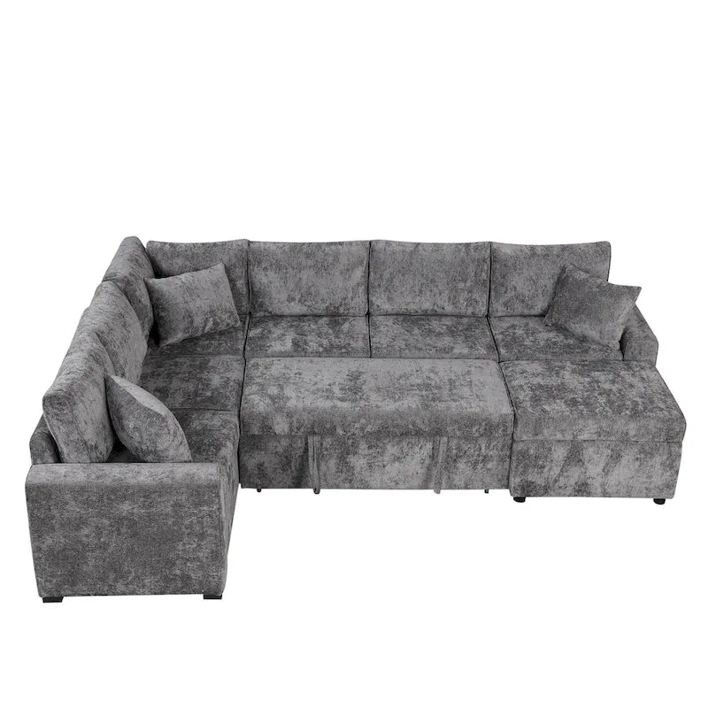 Canapé sectionnel en chenille avec canapé-lit escamotable, canapé-lit en forme de L avec ottoman de rangement, 3 coussins et prises de charge
