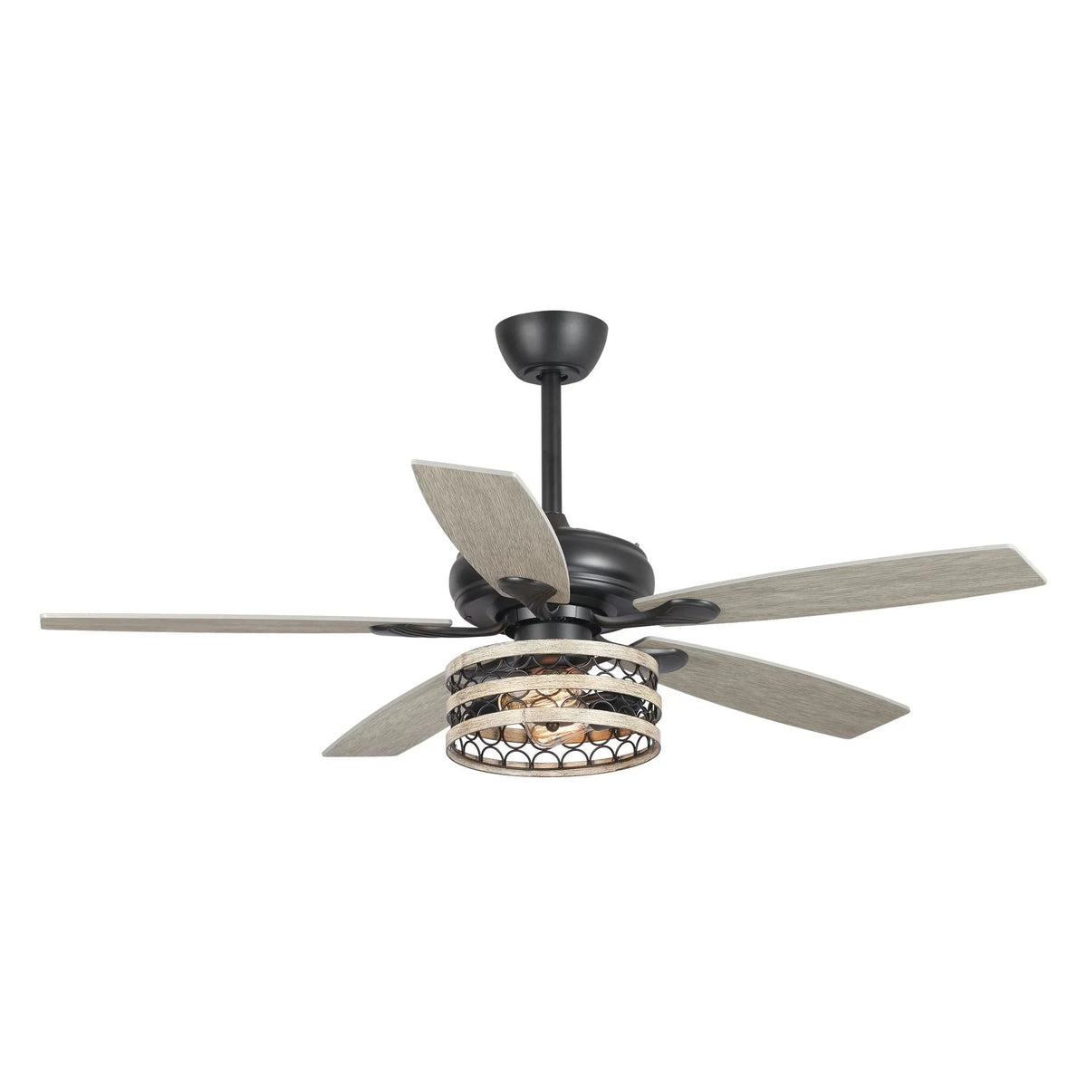 Ventilateur de plafond cage noir 52 style ferme bois flotté 5 pales avec télécommande