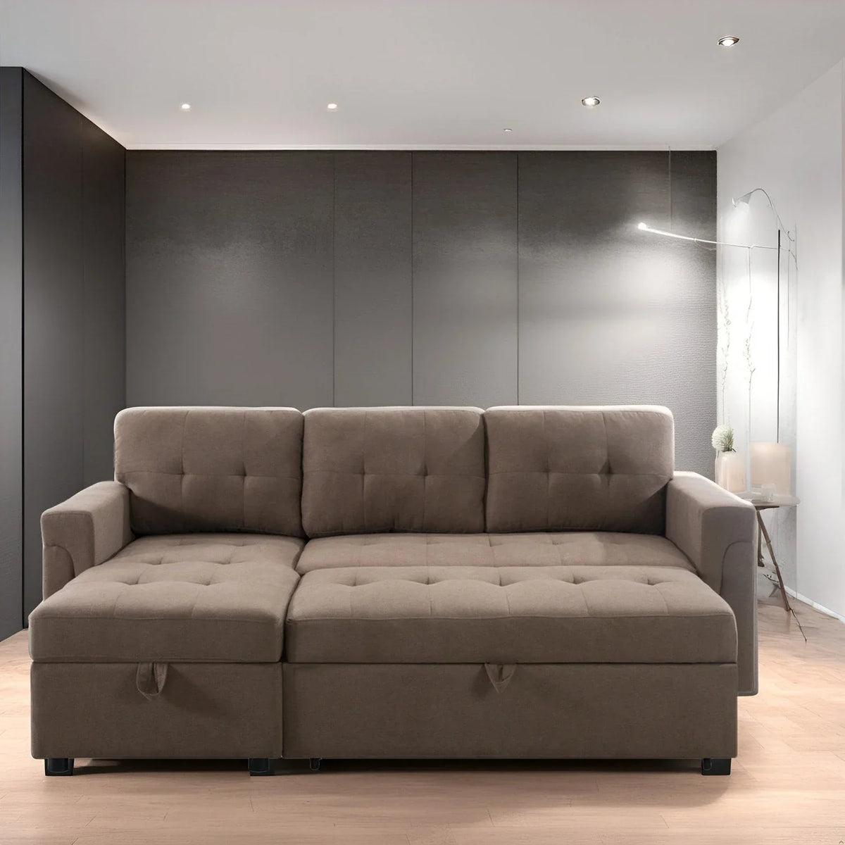 Canapé sectionnel convertible réversible avec lit escamotable, méridienne de rangement dissimulée et pieds durables