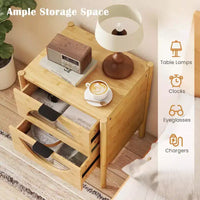Costway Table de Chevet 1/2 PCS en Bambou avec 2 Tiroirs de Rangement et Façades en Verre Trempé Cannelé pour Chambre à Coucher