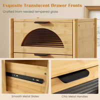 Costway Table de Chevet 1/2 PCS en Bambou avec 2 Tiroirs de Rangement et Façades en Verre Trempé Cannelé pour Chambre à Coucher