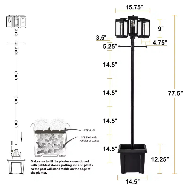 C Cattleya Lampadaire extérieur noir 3 lumières de 197 cm avec jardinière et verre trempé transparent