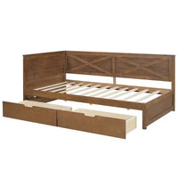 Lit de repos simple avec lit gigogne/2 tiroirs et garde-corps rustique, Gris/Marron-ModernLuxe