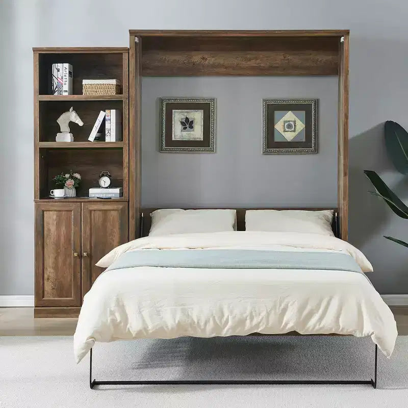 Lit escamotable Queen Size avec armoire latérale, lit gain de place parfait pour chambre d'amis, chambre à coucher, bureau à domicile, blanc/marron rustique - ModernLuxe