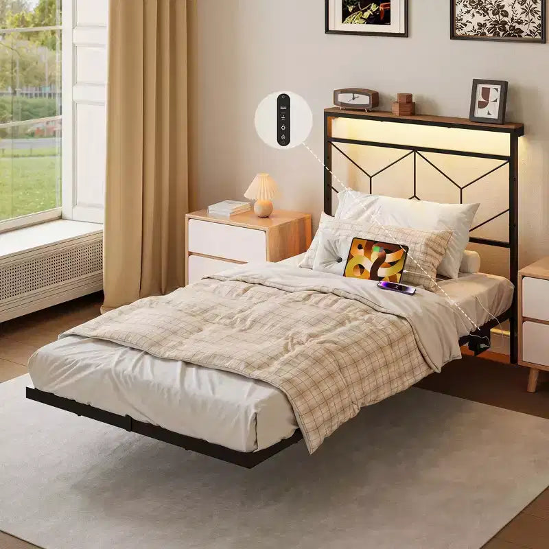 Cadre de lit flottant Hausource avec tête de lit de rangement LED, station de recharge, aucun sommier tapissier requis