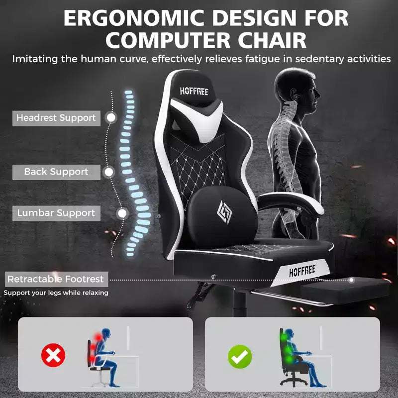 Chaise gaming de massage Hoffree en cuir, chaise de bureau PC ergonomique avec repose-pieds et réglable