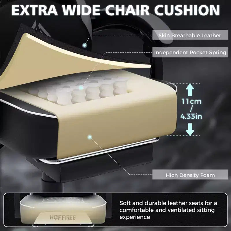 Chaise gaming de massage Hoffree en cuir, chaise de bureau PC ergonomique avec repose-pieds et réglable