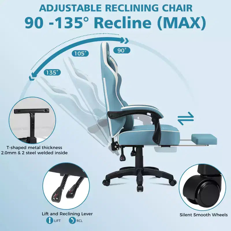 Chaise gaming de massage Hoffree en cuir, chaise de bureau PC ergonomique avec repose-pieds et réglable