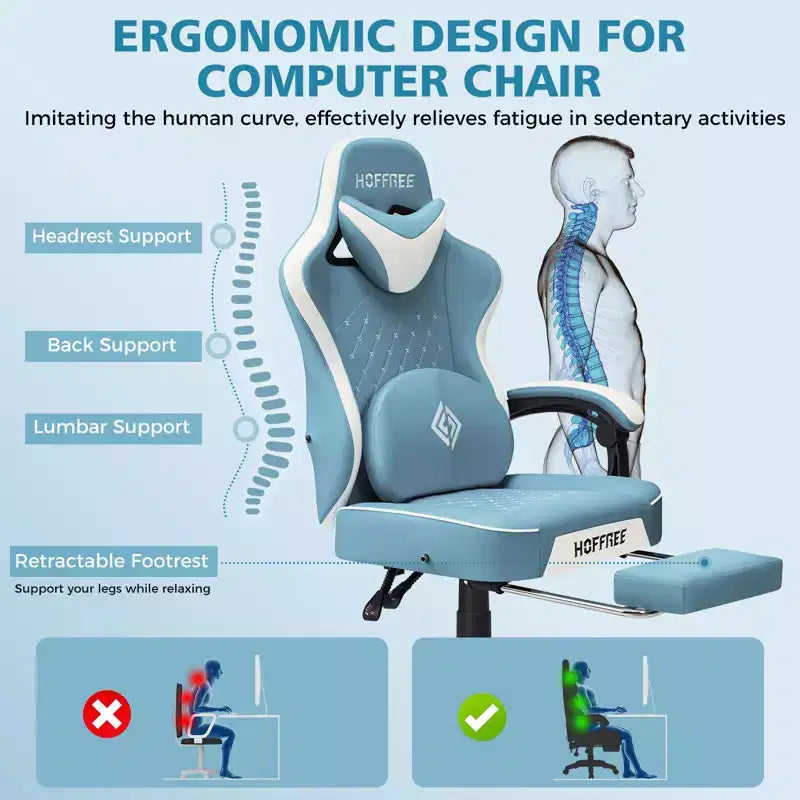 Chaise gaming de massage Hoffree en cuir, chaise de bureau PC ergonomique avec repose-pieds et réglable