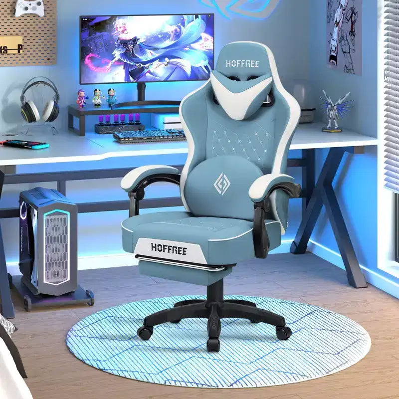 Chaise gaming de massage Hoffree en cuir, chaise de bureau PC ergonomique avec repose-pieds et réglable
