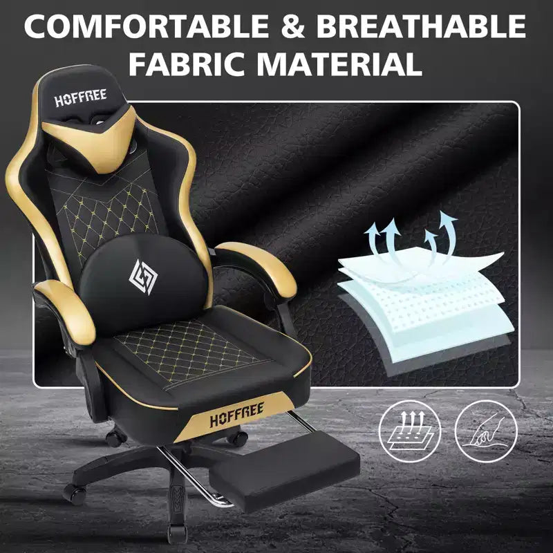 Chaise gaming de massage Hoffree en cuir, chaise de bureau PC ergonomique avec repose-pieds et réglable