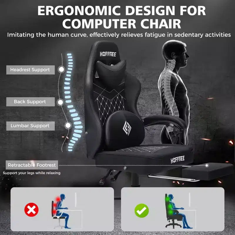 Chaise gaming de massage Hoffree en cuir, chaise de bureau PC ergonomique avec repose-pieds et réglable