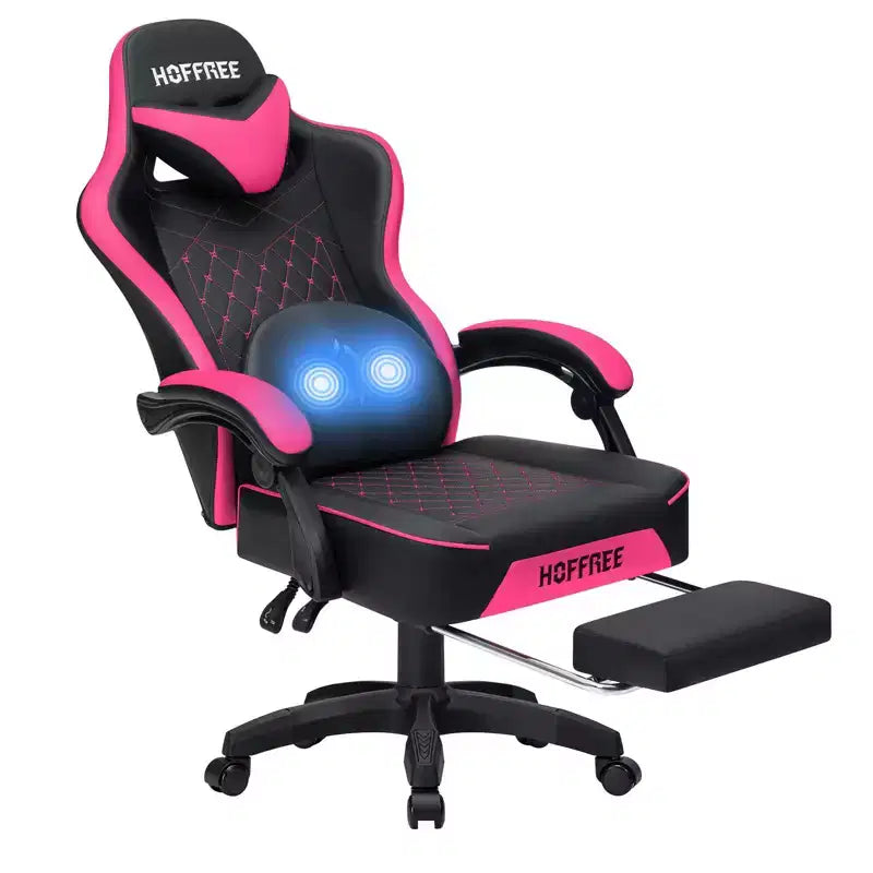 Chaise gaming de massage Hoffree en cuir, chaise de bureau PC ergonomique avec repose-pieds et réglable