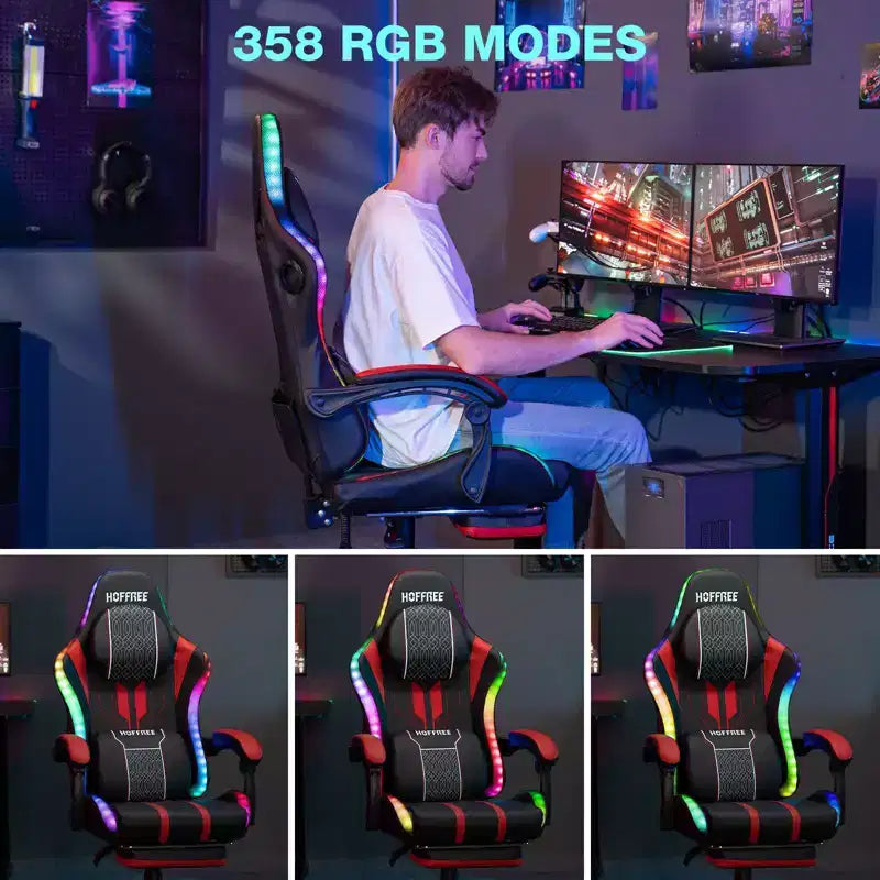 Chaise de jeu massante extra large Hoffree, chaise de bureau PC ergonomique avec haut-parleur Bluetooth et lumière RVB