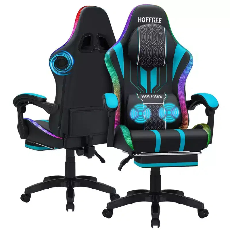 Chaise de jeu massante extra large Hoffree, chaise de bureau PC ergonomique avec haut-parleur Bluetooth et lumière RVB