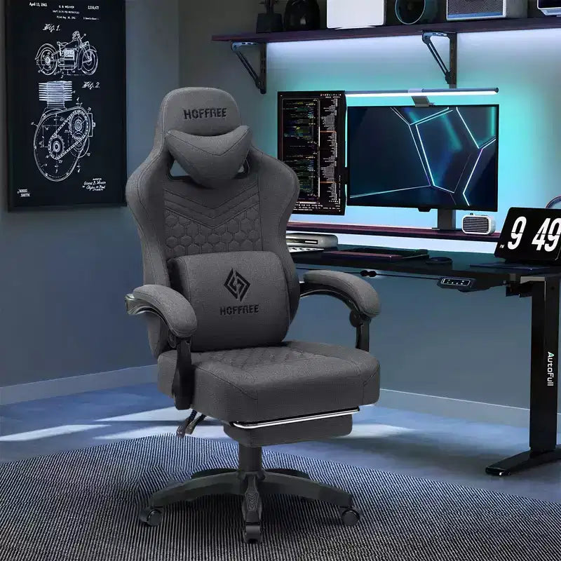 Chaise de jeu massante Hoffree en tissu respirant Chaise de bureau PC ergonomique avec repose-pieds et réglable