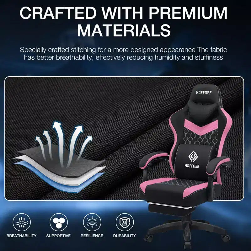Chaise de jeu massante Hoffree en tissu respirant Chaise de bureau PC ergonomique avec repose-pieds et réglable