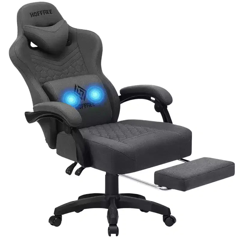 Chaise de jeu massante Hoffree en tissu respirant Chaise de bureau PC ergonomique avec repose-pieds et réglable