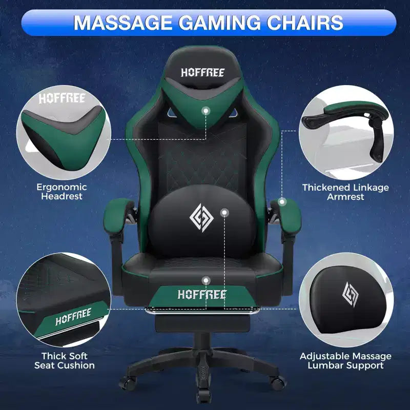 Fauteuil de bureau gaming en cuir Hoffree avec massage, ergonomique, et haut-parleur Bluetooth et repose-pieds