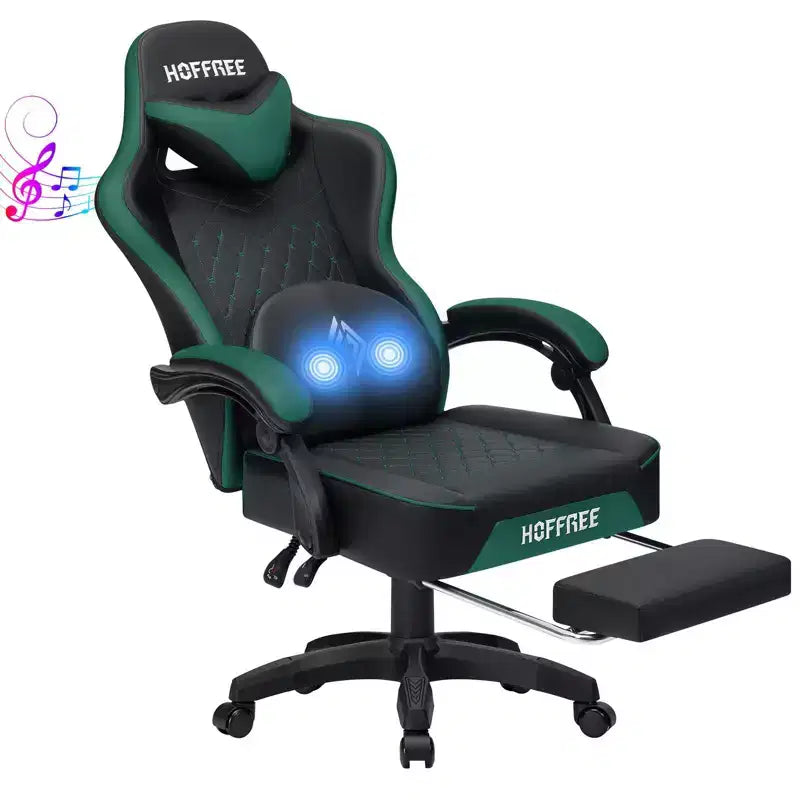 Fauteuil de bureau gaming en cuir Hoffree avec massage, ergonomique, et haut-parleur Bluetooth et repose-pieds