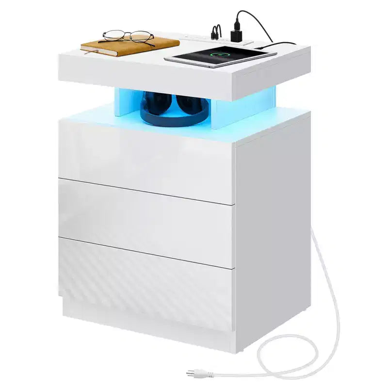 Hommpa Table de chevet LED moderne avec 3 tiroirs et station de recharge sans fil