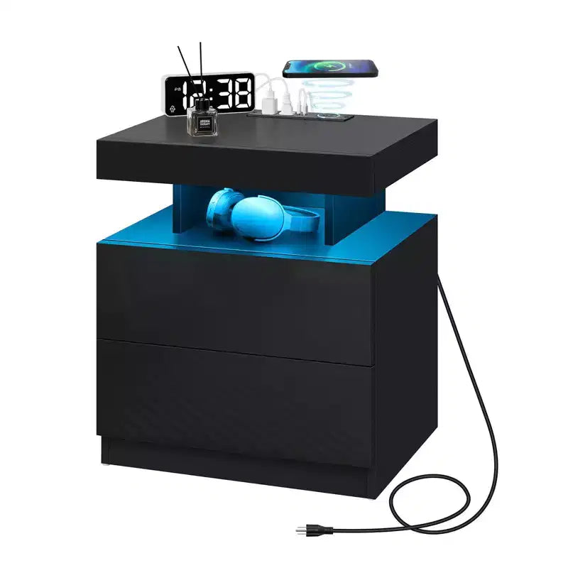 Table de Chevet Moderne Hommpa à LED avec Station de Recharge sans Fil et 2 Tiroirs