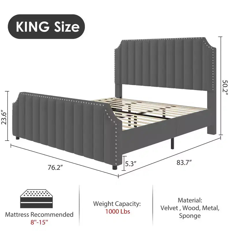 WhizMax - Cadre de lit taille Queen / King avec tête de lit haute 50,2 pouces, cadre de lit tapissé en velours Queen avec tête et pied de lit à capitonnage vertical