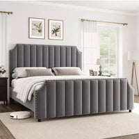 WhizMax - Cadre de lit taille Queen / King avec tête de lit haute 50,2 pouces, cadre de lit tapissé en velours Queen avec tête et pied de lit à capitonnage vertical