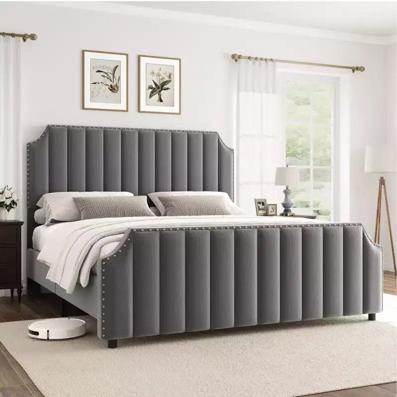 WhizMax - Cadre de lit taille Queen / King avec tête de lit haute 50,2 pouces, cadre de lit tapissé en velours Queen avec tête et pied de lit à capitonnage vertical