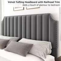 WhizMax - Cadre de lit taille Queen / King avec tête de lit haute 50,2 pouces, cadre de lit tapissé en velours Queen avec tête et pied de lit à capitonnage vertical