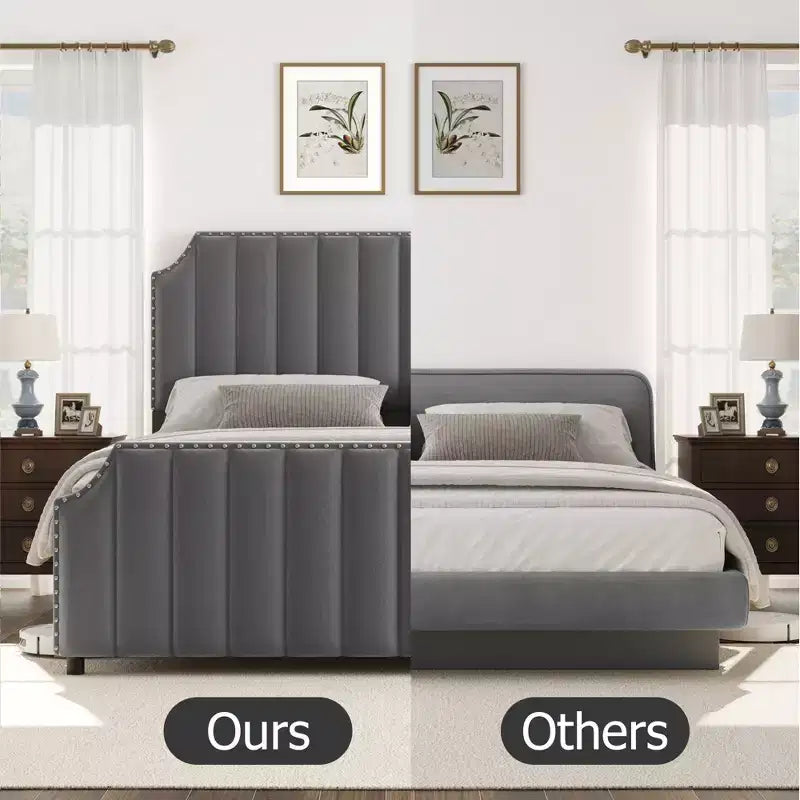 WhizMax - Cadre de lit taille Queen / King avec tête de lit haute 50,2 pouces, cadre de lit tapissé en velours Queen avec tête et pied de lit à capitonnage vertical