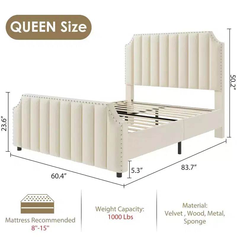 WhizMax - Cadre de lit taille Queen / King avec tête de lit haute 50,2 pouces, cadre de lit tapissé en velours Queen avec tête et pied de lit à capitonnage vertical