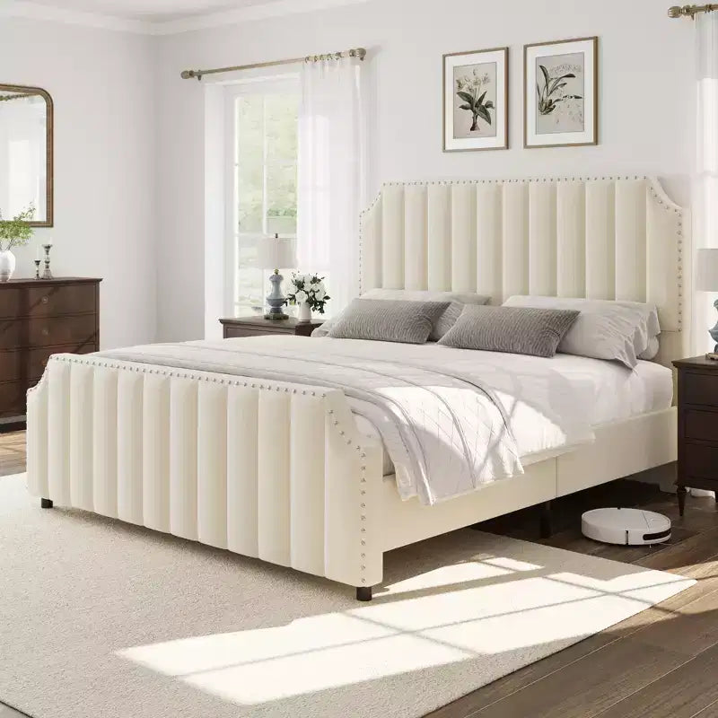 WhizMax - Cadre de lit taille Queen / King avec tête de lit haute 50,2 pouces, cadre de lit tapissé en velours Queen avec tête et pied de lit à capitonnage vertical