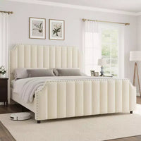 WhizMax - Cadre de lit taille Queen / King avec tête de lit haute 50,2 pouces, cadre de lit tapissé en velours Queen avec tête et pied de lit à capitonnage vertical