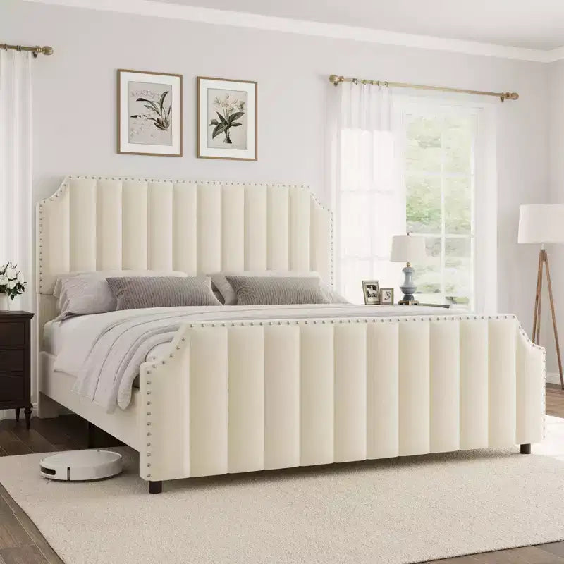 WhizMax - Cadre de lit taille Queen / King avec tête de lit haute 50,2 pouces, cadre de lit tapissé en velours Queen avec tête et pied de lit à capitonnage vertical