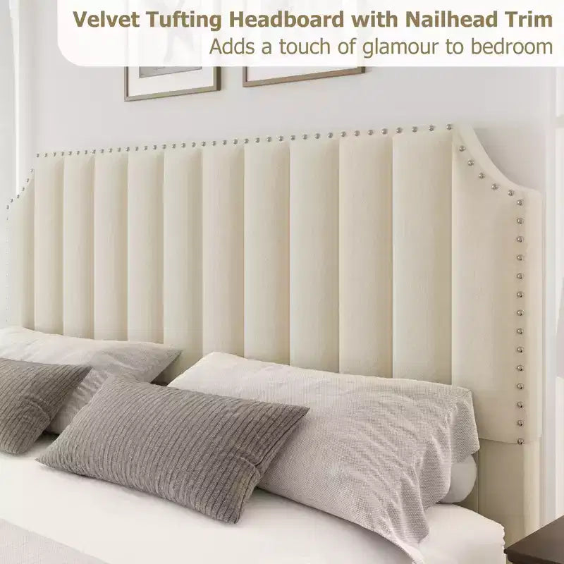 WhizMax - Cadre de lit taille Queen / King avec tête de lit haute 50,2 pouces, cadre de lit tapissé en velours Queen avec tête et pied de lit à capitonnage vertical