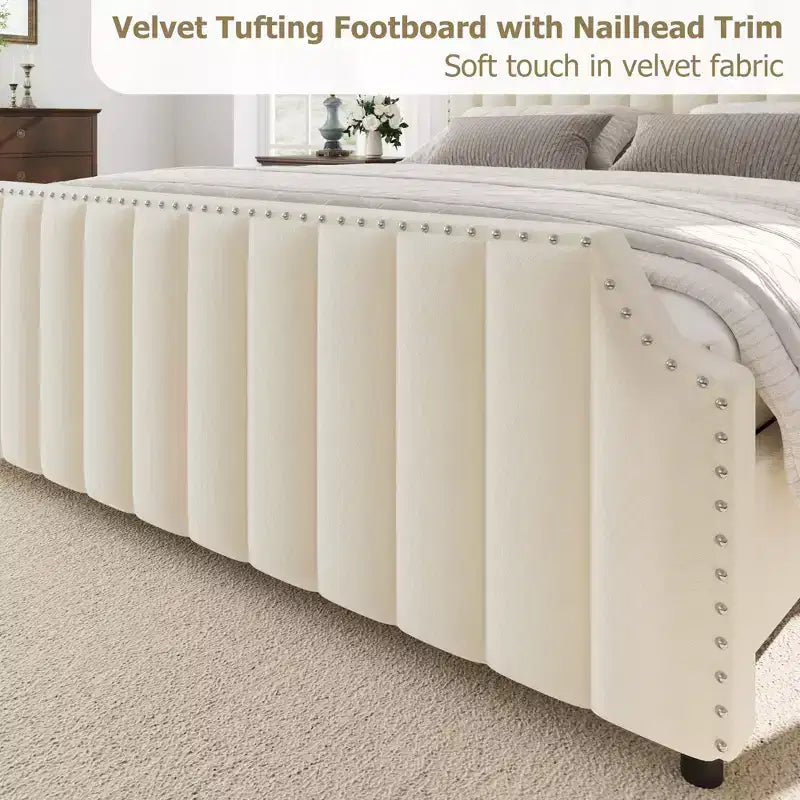 WhizMax - Cadre de lit taille Queen / King avec tête de lit haute 50,2 pouces, cadre de lit tapissé en velours Queen avec tête et pied de lit à capitonnage vertical