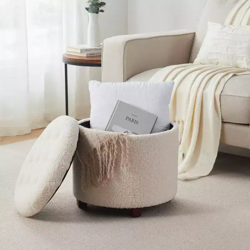 Ottoman de rangement rond capitonné en bouclette Ornavo Home Donovan - Blanc