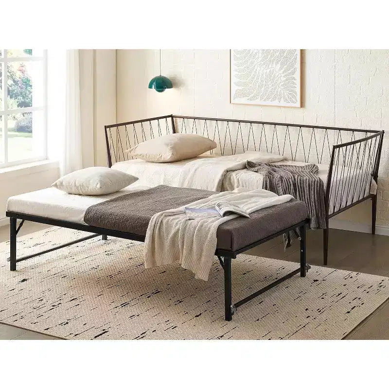 Kings Brand Furniture Cadre de Lit de Repos Moderne en Métal Taille Double avec Support de Matelas, Lit de Repos pour Salon, Chambre à Coucher, Chambre d'Invités, Bronze