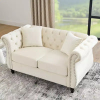 Canapé Chesterfield 58,8 po en velours beige pour salon, canapé 2 places capitonné avec accoudoirs roulés et clous de tapissier pour salon