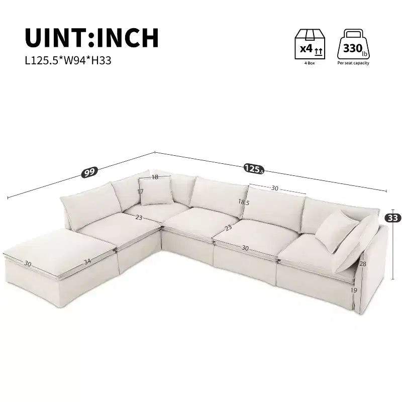 Whisen Canapé sectionnel modulaire 6 places 125,5 avec pouf mobile Tissu chenille siège large Combinaison libre pour salon appartement