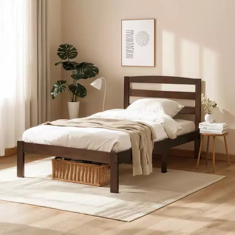 Subrtex - Lit plateforme en bois massif avec tête de lit, cadre de lit avec support à lattes en bois, noyer