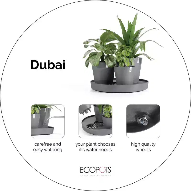 Ecopots Dubai Pot de fleurs rond moderne et durable à arrosage automatique pour intérieur/extérieur en composite recyclé avec roulettes et soucoupe, taupe, 22