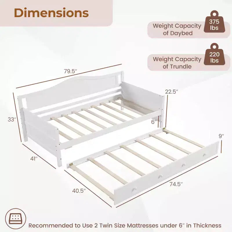 Costway - Lit de jour taille Twin avec gigogne, canapé-lit en bois massif avec support à lattes, lit d'amis, blanc / gris