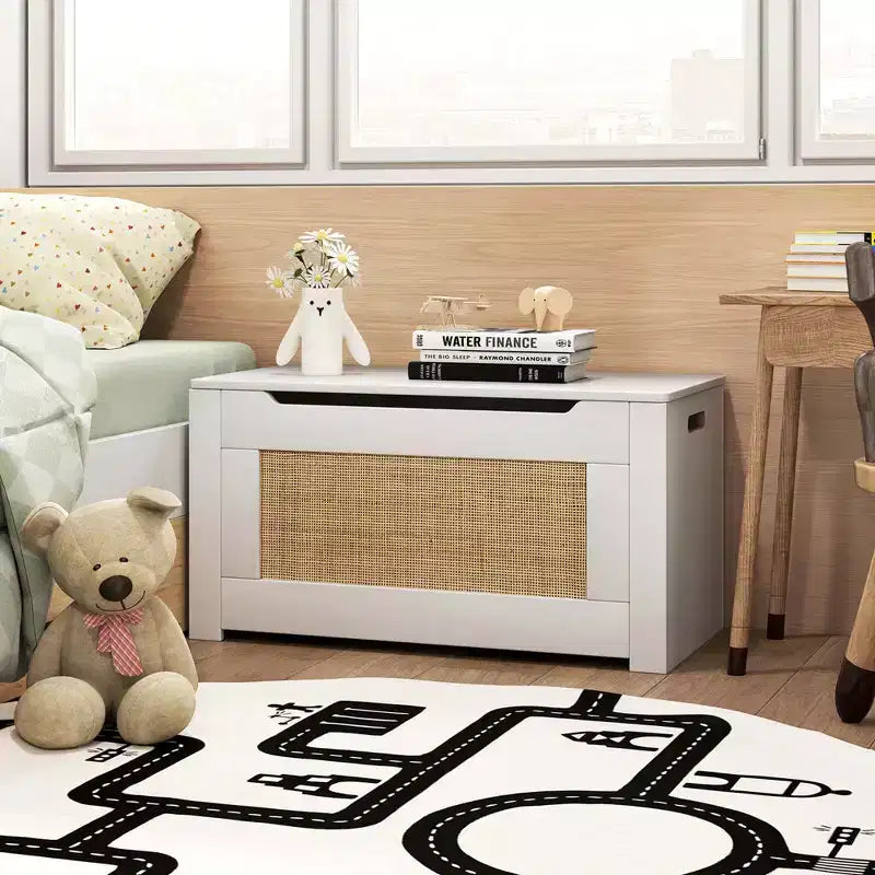 Costway Coffre à jouets 80 cm pour enfants, panier de rangement en rotin avec couvercle à charnière de sécurité