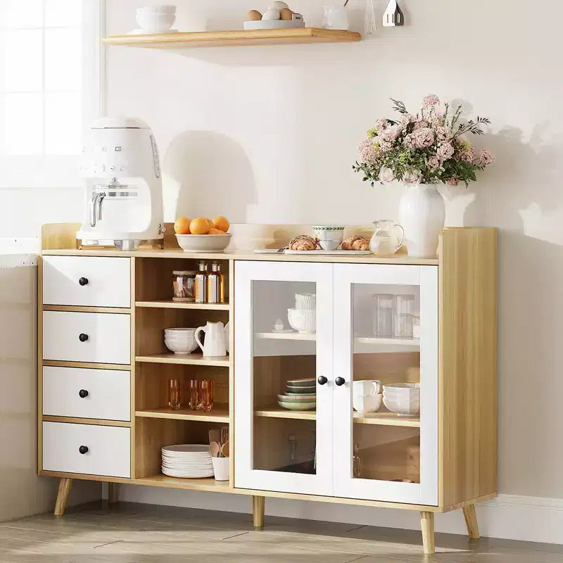 55 Buffet moderne, meuble de bar à café, étagères réglables et portes vitrées pour cuisine/salle à manger