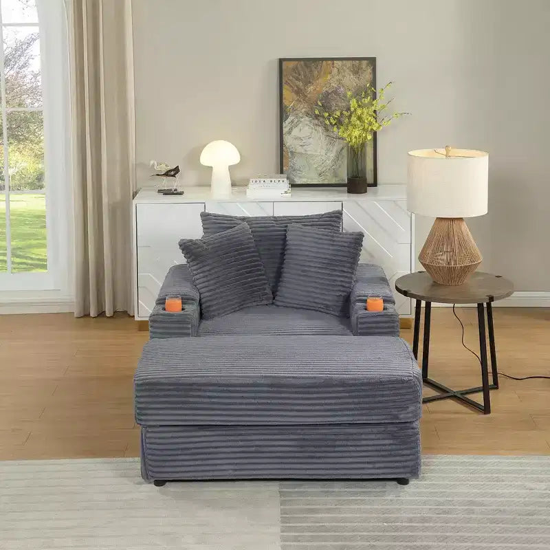 Canapé avec 2 coussins décoratifs et un pouf, canapé confortable à assise profonde pour salon