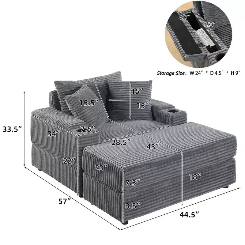 Canapé avec 2 coussins décoratifs et un pouf, canapé confortable à assise profonde pour salon