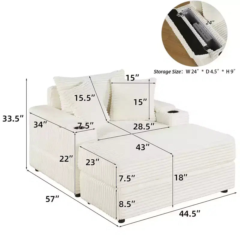 Canapé avec 2 coussins décoratifs et un pouf, canapé confortable à assise profonde pour salon