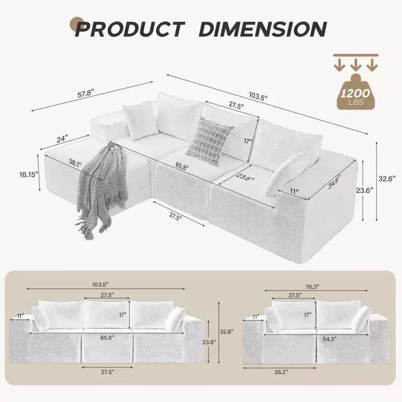 Canapé sectionnel modulaire 103, canapé nuage sectionnel en L avec assises profondes, canapés en mousse sans assemblage, capitonnés